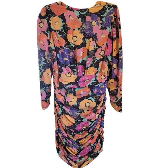 RIXO London Golden Floral Ruched Long Sleeve Silk Mini Dress